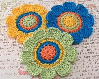 Crochet Flower Appliques|Yellow Green Blue - Set of 3