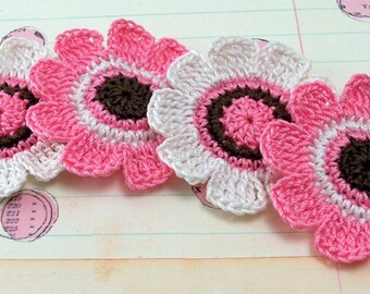 Crochet Flower Appliques - Pink White Brown