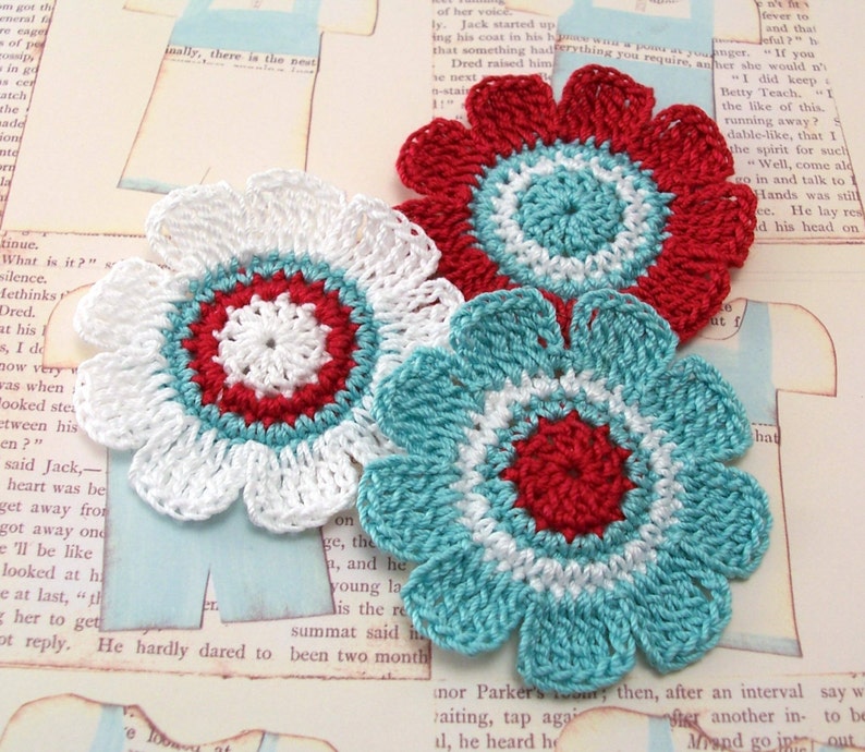 Crochet Red White and Aqua Flowers image 4