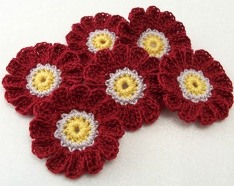 Crochet Burgundy Flower Appliques X 6