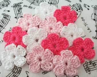 Crochet Pink and White Flowers, Appliques, Set of 12