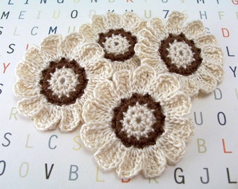 Crochet Flower Appliques, Ecru and Brown