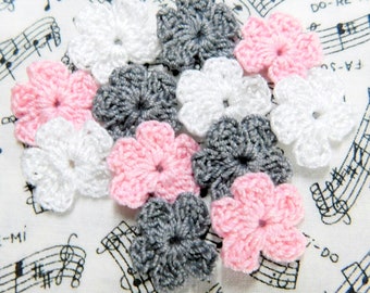 Crochet Flower Appliques, Pink, Stone, White