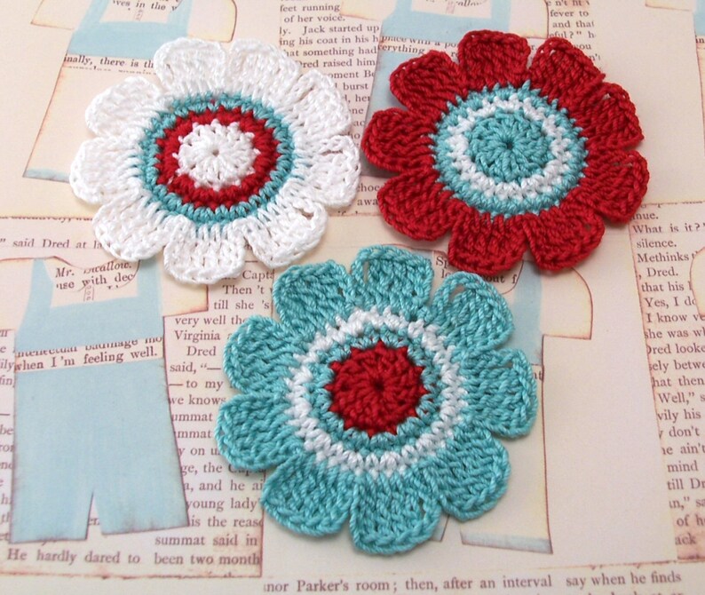 Crochet Red White and Aqua Flowers image 5