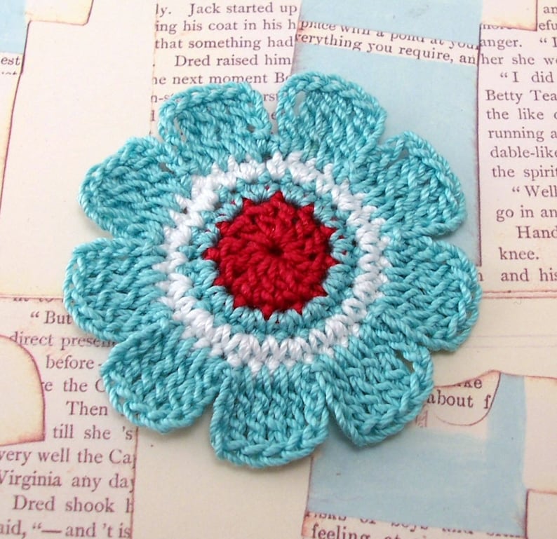 Crochet Red White and Aqua Flowers image 3