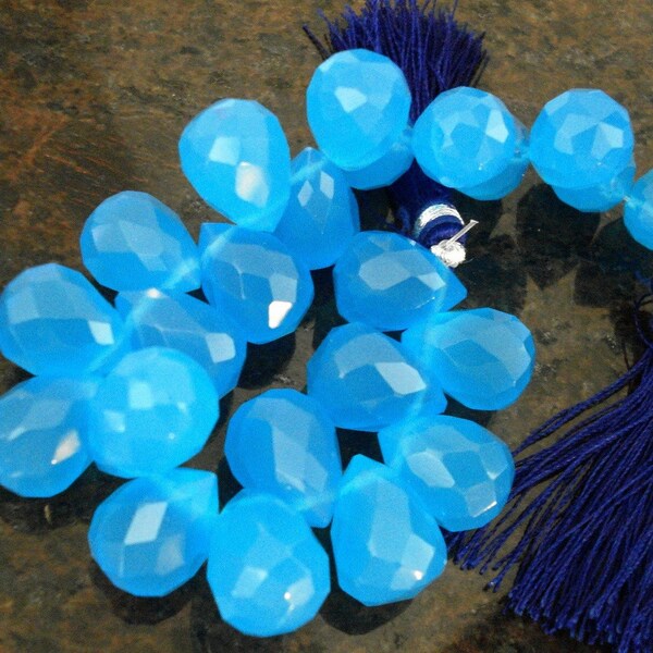 GLOWING  LARGE  BLUE CHALCEDONY FACETED BRIOLETTE BEADS ---- 4 PCS.