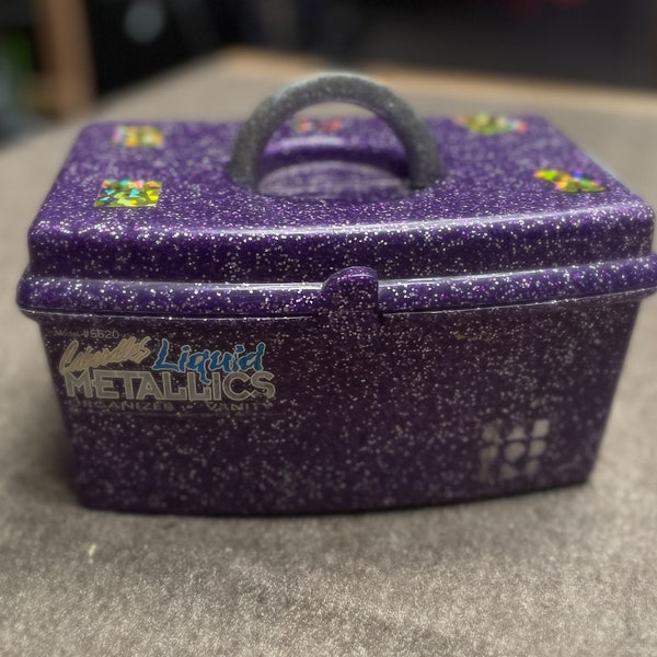 Vintage Liquid Metallics Purple Glitter Caboodles Box with Vintage Lisa Frank Holographic Casey and Casem Stickers and Mirror Inside