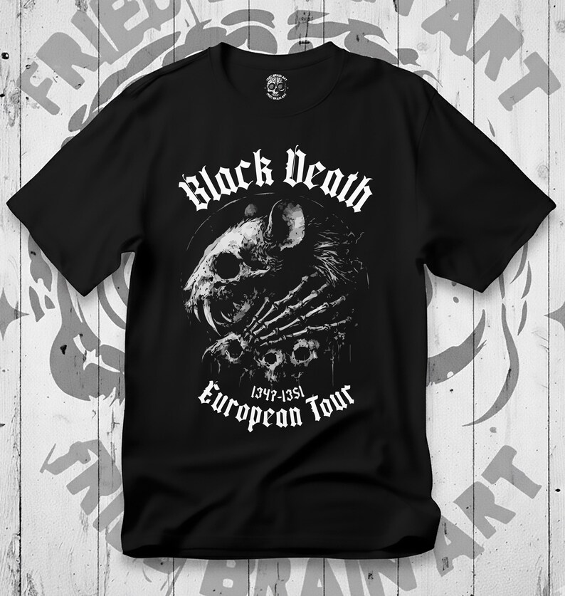 May include: Black t-shirt with a white graphic of a skull and bones, and the words "Black Death" and "European Tour". The graphic includes the years 1347-1351. The shirt has a crew neck and short sleeves.