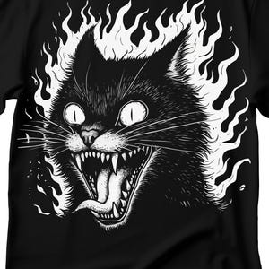 Black Flaming Cat T-shirt, Griezelige kat T-shirt, grappige kat T-shirt, Demon Cat T-shirt, gotisch T-shirt, cartoon kat T-shirt