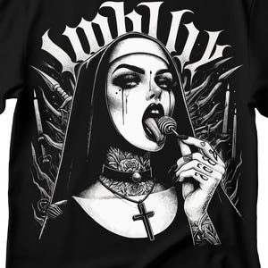 Unholy Nun T- Shirt, Funny Horror Choked Up Unholy Nun Satan Baphomet Gothic T-Shirt, Nun Shirt, Unholy Shirt, Halloween Shirt, Dark nun