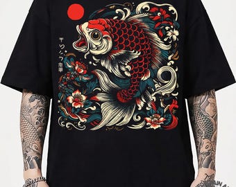 Vintage Japanese Koi Fish T-Shirt: Nautical Asian Art Nouveau Design