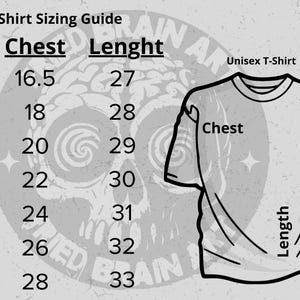 May include: T-shirt sizing guide with a table showing chest and length measurements in inches for sizes XS to 3XL. A black and white illustration of a skull with a spiral design is in the background. A black and white outline of a unisex t-shirt is shown with the words "Chest" and "Length" labeled.