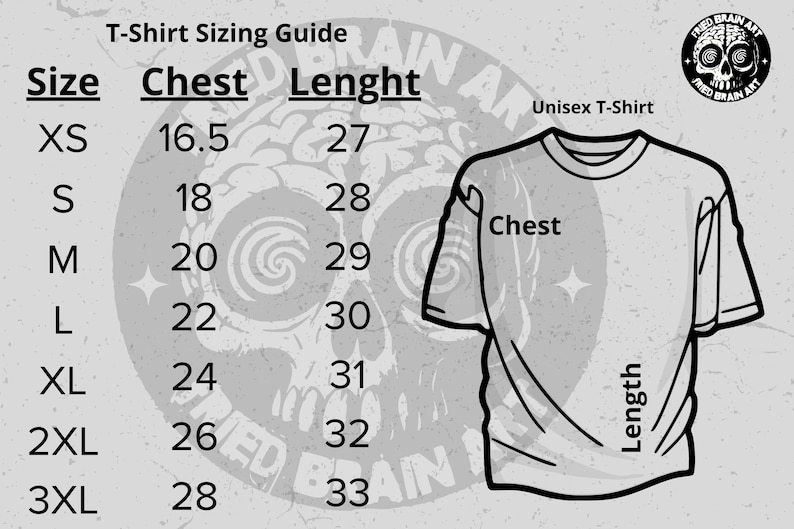 May include: T-shirt sizing guide with a table showing chest and length measurements in inches for sizes XS to 3XL. A black and white illustration of a skull with a spiral design is in the background. A black and white outline of a unisex t-shirt is shown with the words "Chest" and "Length" labeled.
