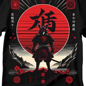 May include: Black t-shirt featuring a samurai warrior design. The graphic includes a red sun, Japanese characters, and a detailed illustration of a samurai in armor holding a katana. The design is set against a backdrop of mountains and cherry blossoms.