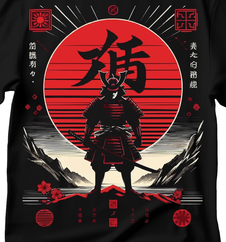 May include: Black t-shirt featuring a samurai warrior design. The graphic includes a red sun, Japanese characters, and a detailed illustration of a samurai in armor holding a katana. The design is set against a backdrop of mountains and cherry blossoms.