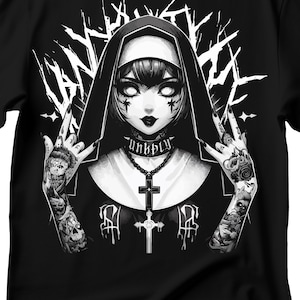 Unholy Nun T- Shirt, Funny Horror Choked Up Unholy Nun Satan Baphomet Gothic T-Shirt, Nun Shirt, Unholy Shirt, Halloween Shirt, Dark nun