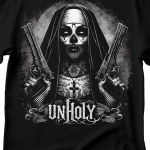 Unholy Nun T- Shirt, Funny Horror Choked Up Unholy Nun Satan Baphomet Gothic T-Shirt, Nun Shirt, Unholy Shirt, Halloween Shirt, Dark nun