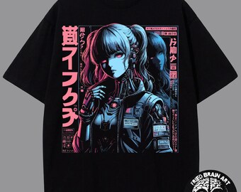 Cyberpunk Anime Girl T-Shirt: Futuristic Robot Design