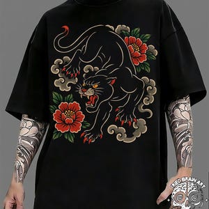 Black Panther Tattoo T-Shirt: American Traditional Floral Design