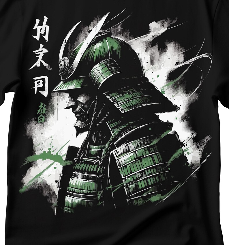 May include: A black and white illustration of a samurai warrior wearing a green helmet and armor. The warrior is facing to the left and has a serious expression on his face. The background is a white and gray wash of paint.