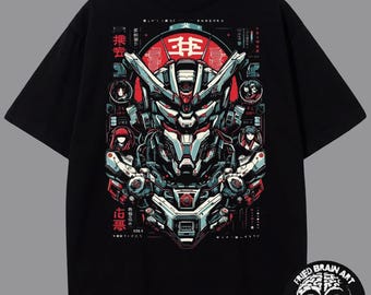 May include: A black short-sleeve t-shirt featuring a large, detailed graphic of a mechanical robot head in shades of red, white, and teal. The design includes small circular character portraits, geometric patterns, and Japanese text characters.