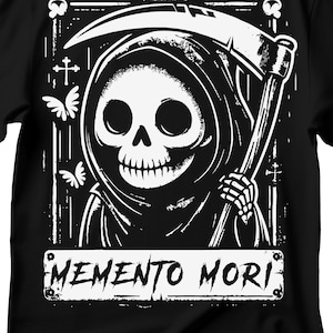 Camiseta Memento Mori "Lembre-se da sua morte" em latim, camiseta engraçada do Ceifador, camiseta fofa do Ceifador, carta de tarô da morte