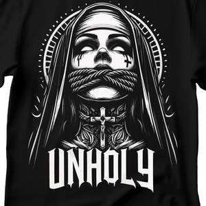 Unholy Nun T- Shirt, Funny Horror Choked Up Unholy Nun Satan Baphomet Gothic T-Shirt, Nun Shirt, Unholy Shirt, Halloween Shirt, Dark nun