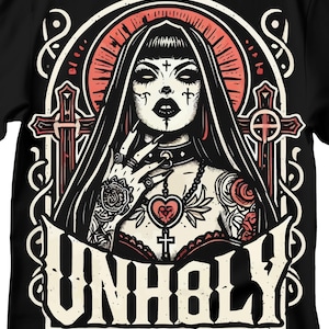Unholy Nun T- Shirt, Funny Horror Choked Up Unholy Nun Satan Baphomet Gothic T-Shirt, Nun Shirt, Unholy Shirt, Halloween Shirt, Dark nun