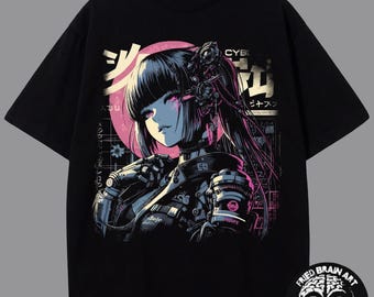 May include: A black short-sleeve t-shirt featuring a graphic print of an anime-style character with cybernetic enhancements, pink circular accents, and Japanese text. The design includes intricate mechanical details and a dark color palette.