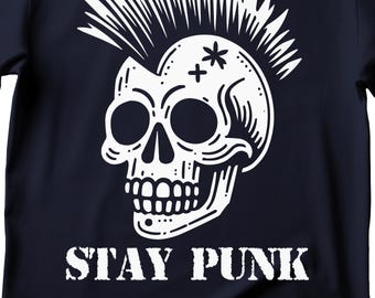 May include: A navy blue t-shirt with a white skull graphic with a mohawk and the text "STAY PUNK".