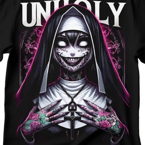 Unholy Nun T- Shirt, Funny Horror Choked Up Unholy Nun Satan Baphomet Gothic T-Shirt, Nun Shirt, Unholy Shirt, Halloween Shirt, Dark nun