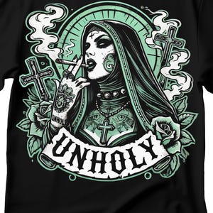 Unholy Nun T- Shirt, Funny Horror Choked Up Unholy Nun Satan Baphomet Gothic T-Shirt, Nun Shirt, Unholy Shirt, Halloween Shirt, Dark nun
