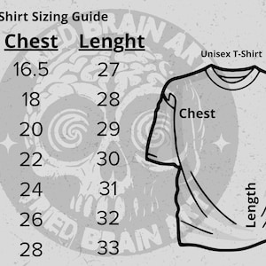 May include: A black and white T-shirt sizing guide with measurements in inches. The guide includes sizes XS to 3XL, chest and length measurements, and a line drawing of a unisex t-shirt. The Fried Brain Art logo is in the upper right corner.