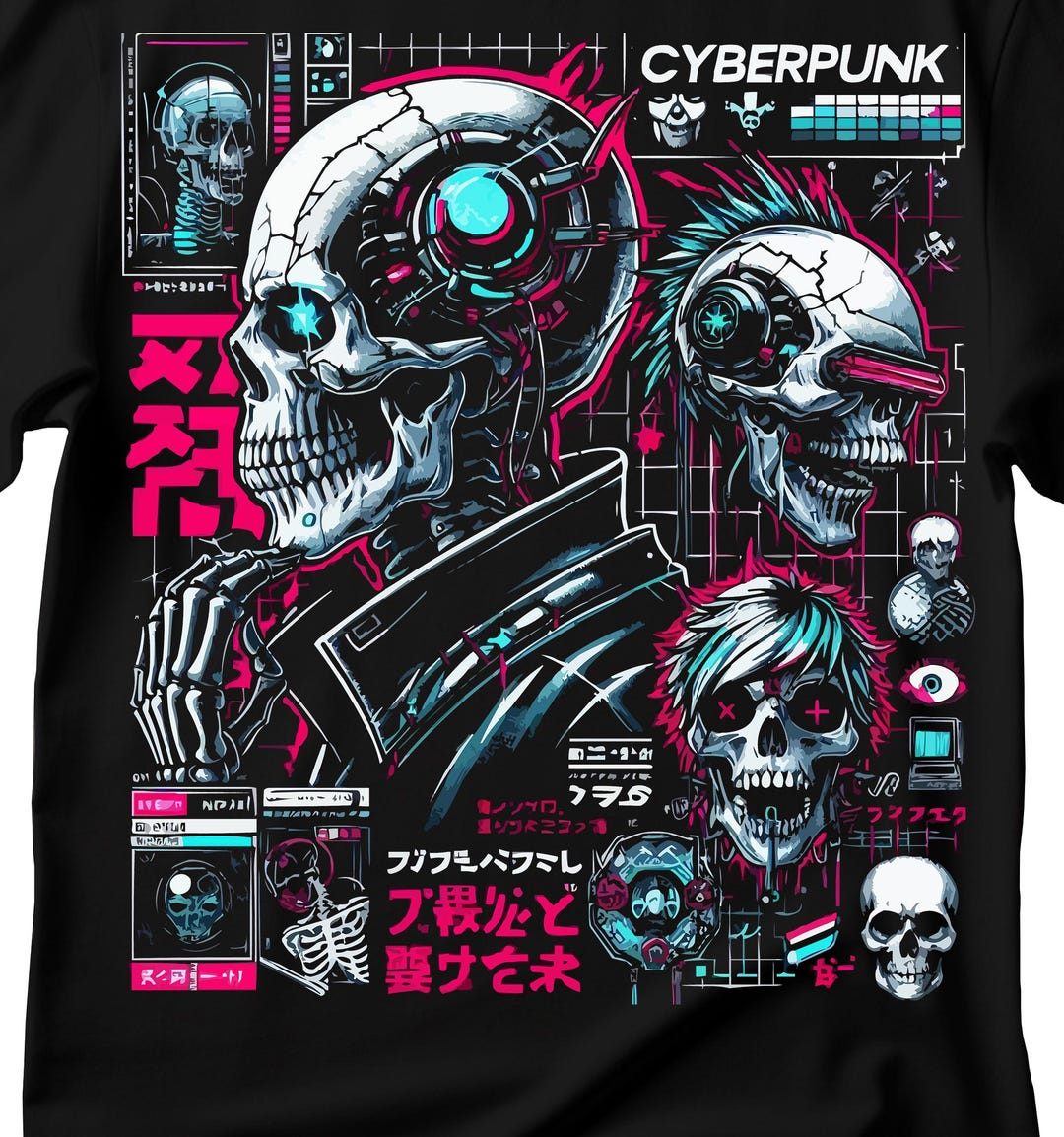 Cyberpunk Skull Graphic T-shirt: Vintage Washed Neon Streetwear - Etsy