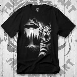 Funny Cat Selfie UFO T-Shirt: Unisex Cotton Comfort image 3