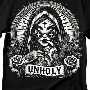 Unholy Nun T- Shirt, Funny Horror Choked Up Unholy Nun Satan Baphomet Gothic T-Shirt, Nun Shirt, Unholy Shirt, Halloween Shirt, Dark nun