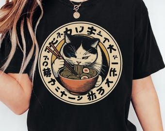 Ramen Cat T-Shirt | Kawaii Anime Kitty Tee, Japanese Foodie Apparel