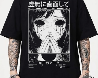 May include: Black t-shirt featuring a manga-style illustration of a crying girl with cracked skin and black eyes. The Japanese text "虚無に直面して" (Facing Emptiness) is above the image, and "唯一のアーク" (The Only Ark) is below.