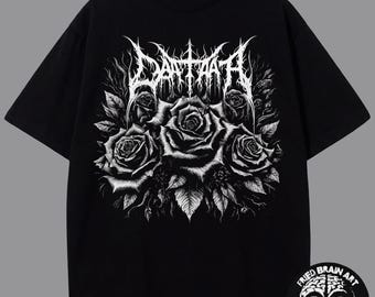 May include: A black short-sleeved t-shirt featuring a white graphic print of three roses and the text DAATAAH in a stylised font. The shirt includes a small circular logo on the inner neck label and a circular Fried Brain Art logo.