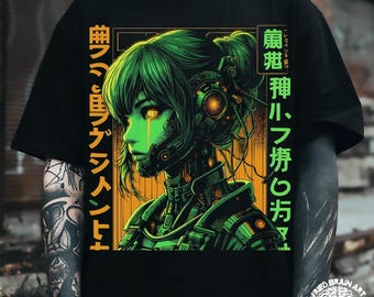 Camiseta de chica anime ciberpunk: diseño de robot futurista