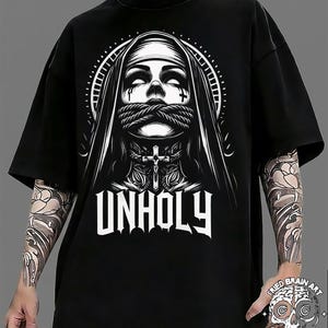Unholy Nun T-Shirt, Gothic Grunge Oversized Black Tee, Dark Aesthetic Satanic Graphic Shirt, Occult Cross Apparel, Y2K Alternative Streetwea