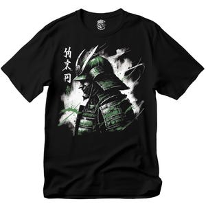 May include: Black t-shirt with a green and white illustration of a samurai warrior wearing a helmet. The Japanese text on the shirt reads "Bushido".