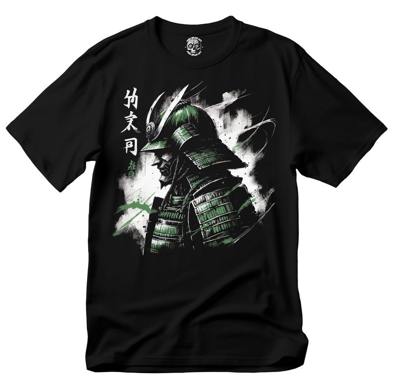May include: Black t-shirt with a green and white illustration of a samurai warrior wearing a helmet. The Japanese text on the shirt reads "Bushido".