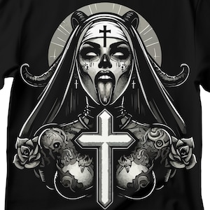 Unholy Nun T- Shirt, Funny Horror Choked Up Unholy Nun Satan Baphomet Gothic T-Shirt, Nun Shirt, Unholy Shirt, Halloween Shirt, Dark nun