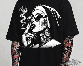 Unholy Nun Graphic T-Shirt: Gothic Satan Baphomet Halloween Shirt