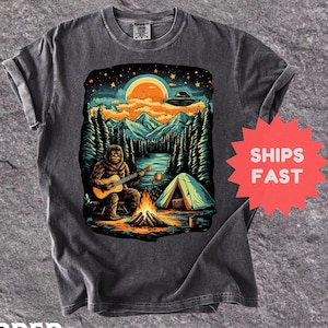Comfort Colors® Bigfoot Playing Guitar Shirt, Sasquatch Electric Guitar T Shirt, Vintage Bigfoot T-shirt, Funny Young Men Gift