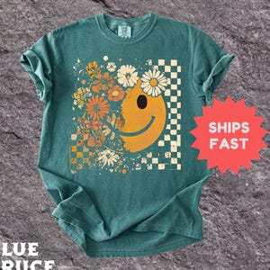 Comfort Colors® Floral Smiley Face Shirt, Retro Happy Face Tee, Checkered Grunge Graphic Tee, Boho Style Shirt, Flower Shirt