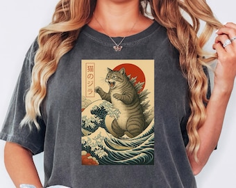 Camiseta retro japonesa Catzilla, camiseta de la Gran Ola, camiseta divertida de Kaiju, camiseta divertida para amantes de los gatos, camiseta retro para amantes del arte, sudadera con capucha de Monster Cat