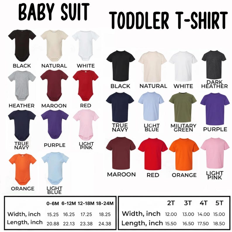 Puede incluir: Una selecci&oacute;n de bodies para beb&eacute;s y camisetas para ni&ntilde;os peque&ntilde;os en varios colores, incluyendo negro, blanco y rojo. La imagen muestra informaci&oacute;n de tallas y medidas en pulgadas para cada prenda. Los textos "BABY SUIT" y "TODDLER T-SHIRT" est&aacute;n en la parte superior.