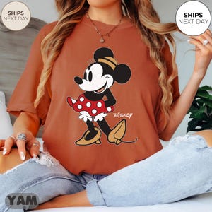 Puede incluir: Camiseta de color &oacute;xido con un gr&aacute;fico de Minnie Mouse. El personaje de dibujos animados est&aacute; representado en negro, blanco, rojo y dorado, con el logotipo de Disney debajo. La camiseta tiene mangas cortas y un corte holgado, adecuado para el uso diario.